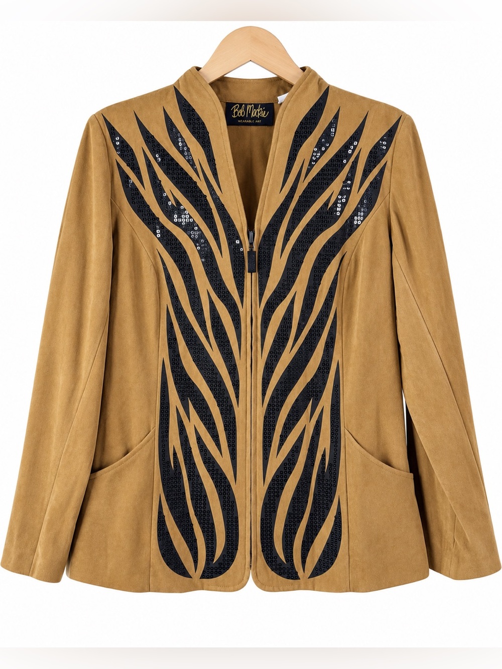 Bob Mackie Tan Faux Suede Jacket Small NWT Black Sequin Embellished Statement